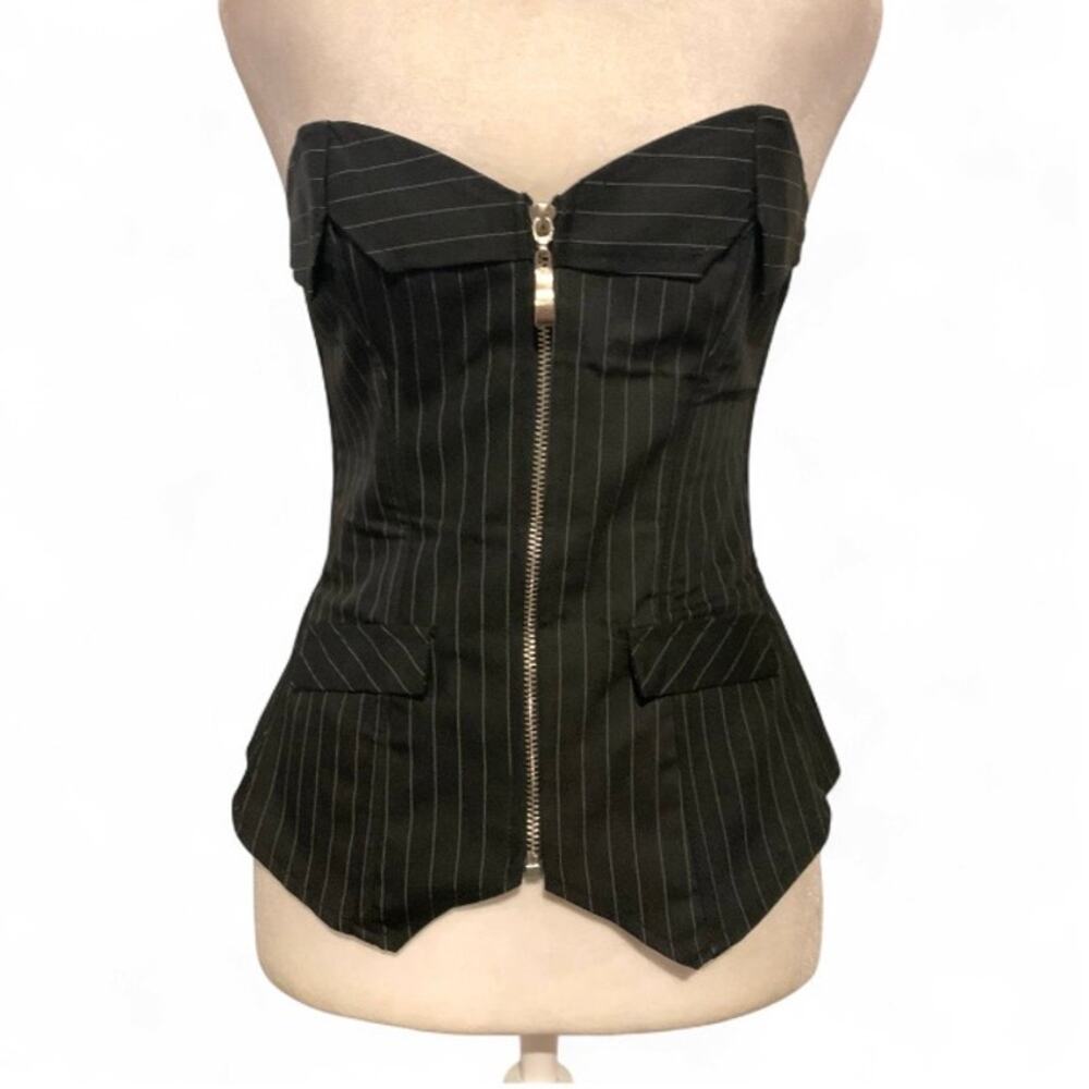 Y2K Black Pinstripe Corset Top – Zipper Front Asymmetrical Hem